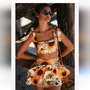 Agua Bendita White and Yellow Sunflower Print Skirt Set